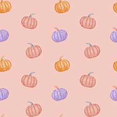 Seamless Halloween Pumpkin Pattern in Pastel Colors. Seamless watercolor pattern featuring handpainted pumpkins in pastel orange, purple, and pink on a soft pink background.
