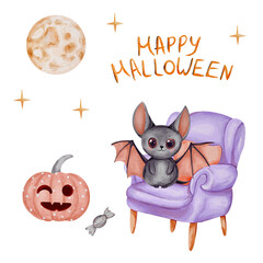 Cute Halloween Bat Illustration with Pumpkin and Moon. Watercolor illustration featuring a bat sitting on a purple armchair, a winking pink jack-o'-lantern, full moon, stars and handwritten text.