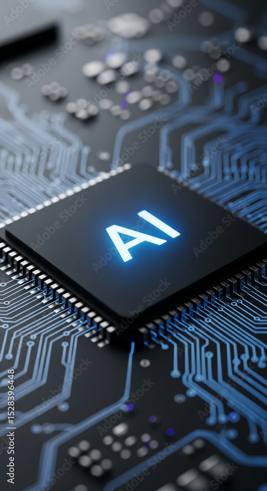 Aufkleber close-up of ai microchip on circuit board, glowing blue letters ai, representing artificial intellig