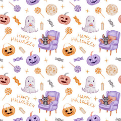 Adorable Halloween Design with Ghosts, Bats, Pumpkins and Treats. Seamless pattern with pastel pumpkins, cute ghosts, cartoon bats, lollipops, wrapped candies, full moons, candles,  handwritten text.