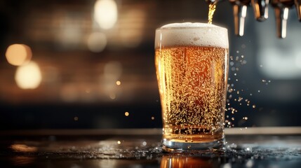 A refreshing glass of frothy beer is being poured, showcasing its golden hue and bubbly texture, perfect for relaxing moments after a long day or celebrating with friends.