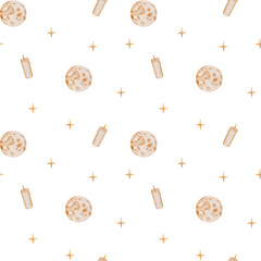 Hand-Drawn Celestial Pattern with Moons, Candles, and Stars. Seamless watercolor pattern with hand-painted full moons, burning candles, and golden stars on white background.