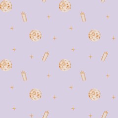 Seamless Watercolor Moon and Candle Pattern with Stars. 
Seamless watercolor pattern with hand-painted full moons, burning candles, and golden stars on a purple background.