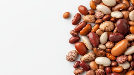 A visually appealing arrangement of various colorful beans displayed on a clean surface, showcasing texture, diversity, and natural beauty in the organic food category.