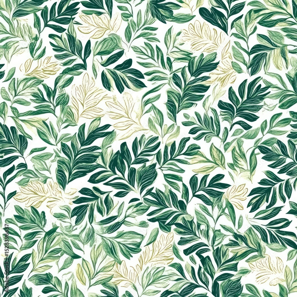 Poster botanical pattern featuring various shades of green and cream leaves on a white background. intricat