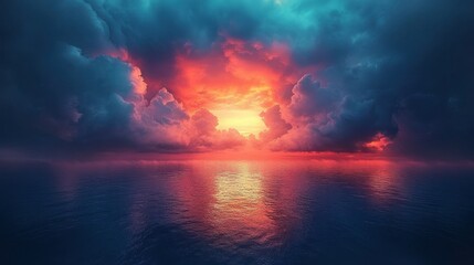 Dramatic sunset over stormy sea. Fiery clouds meet tranquil water