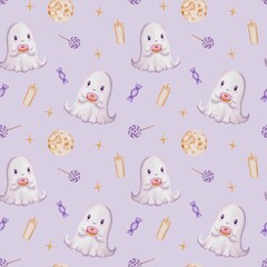 Watercolor Ghost and Sweets Pattern on Purple Background. Seamless Halloween pattern featuring cute watercolor ghosts holding donuts surrounded by candy, lollipops, full moons, stars, and candles.