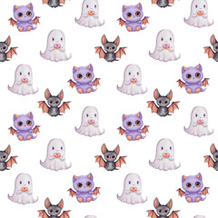 Halloween Seamless Pattern with cute ghosts, purple monsters and bats.