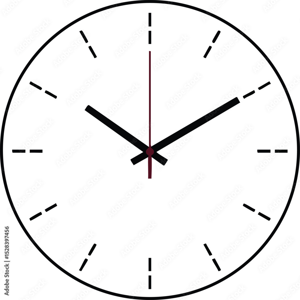 Poster minimalist round wall clock showing time with simple black hour and minute hands and thin second han
