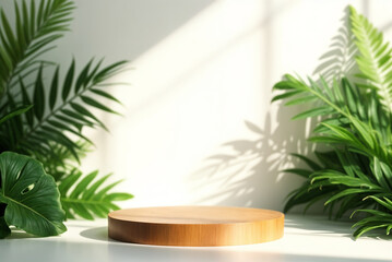 Obraz premium A wooden circular pedestal placed in sunlight, surrounded by vibrant tropical leaves. Circular product display stand with tropical leaves