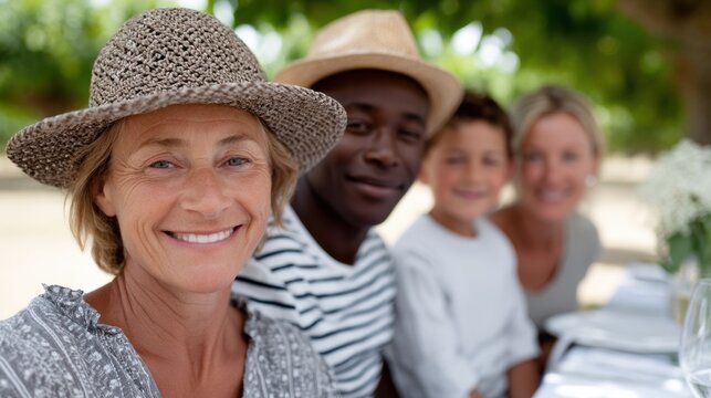 outdoor family picnic, happy, active multigenerational family picnicking in the park, wearing uv-protective clothing and wide-brimmed hats, enjoying the sunny day