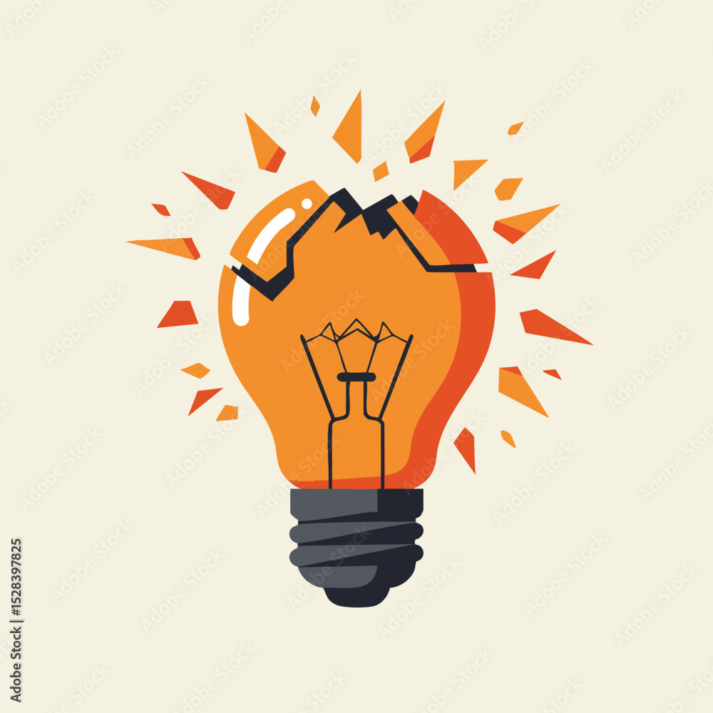 Poster broken orange light bulb exploding with bright shards vector illustration creative idea concept
