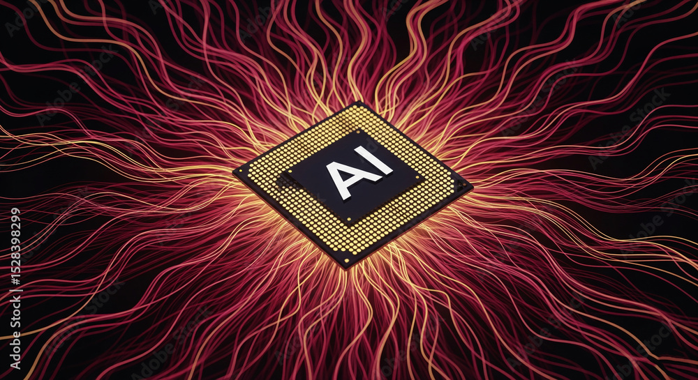 Poster ai microchip showcased with red and orange glowing lines, symbolizing neural network connections and