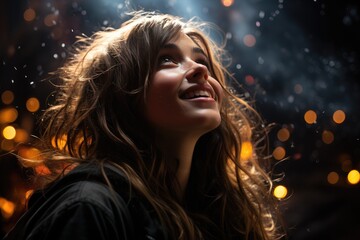 Naklejka premium The image captures a joyful young woman gazing upwards, illuminated by soft light and surrounded by bokeh effects, embodying happiness and a sense of wonder amidst a shimmering background.