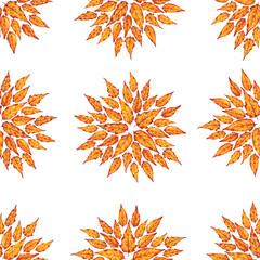 Seamless watercolor pattern with autumn leaves arranged in star and sun shapes. Hand-painted design perfect for fabric, wrapping paper, wallpaper, and seasonal decoration.