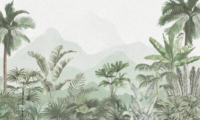 Exotic Nature Wall Mural: Bright Green Palm Trees, Exotic Plants & Flying Birds