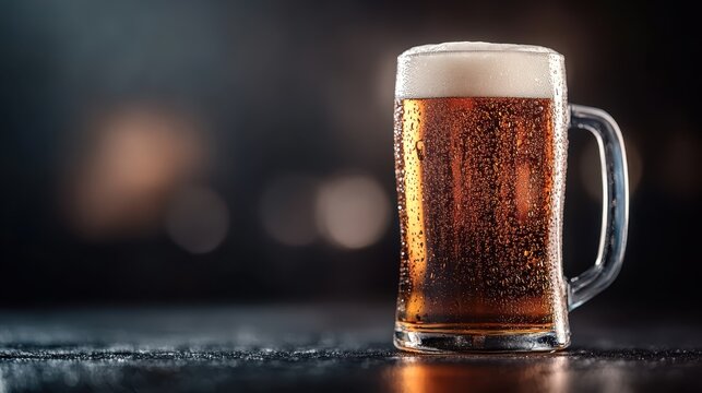 A chilled glass of beer, glistening with condensation, sits on a reflective surface, inviting drinkers to indulge in a delightful experience and a moment of relaxation.