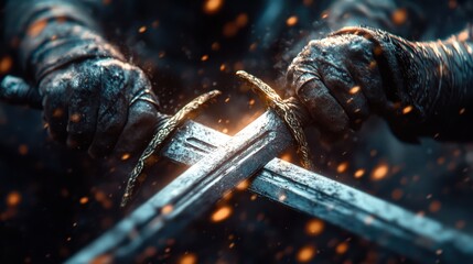 A close-up of a warrior's hands gripping swords, battling fiercely, capturing the intensity and drama of a fight, evoking themes of bravery, strength, and rivalry.