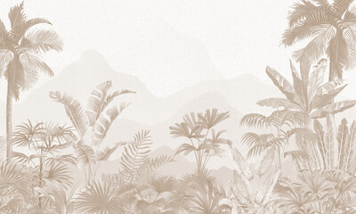 Aged Nature Wall Mural: Sepia Tone Palm Trees & Exotic Plants Background © csinie1