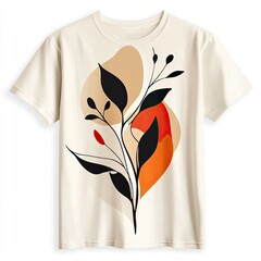 Cream tee with abstract floral graphic.  Soft, organic shapes in beige, orange, and black
