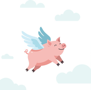 Flying pig with blue wings soaring above clouds in cartoon style vector illustration 