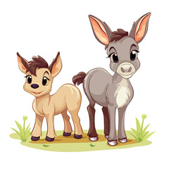 Cartoon Illustration of Cute Donkey with Cow on Farm for Animal Lovers