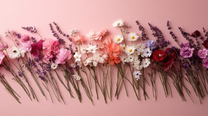 Fototapeta premium This vibrant image features a stunning array of colorful flowers thoughtfully arranged against a soft pink backdrop, evoking feelings of joy and freshness.