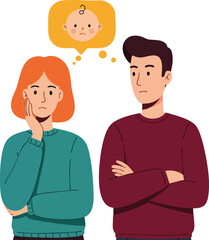 Fototapeta premium Couple worried thinking about baby planning and parenthood concerns vector illustration 
