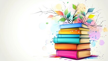Colorful books stacked high, surrounded by vibrant abstract elements, including leaves and splashes of color