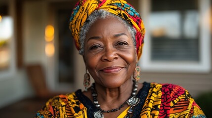 Fototapeta premium An older woman wearing a colorful African headwrap and jewelry displays grace and confidence, representing cultural heritage and the beauty of unique identities within society.