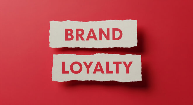 Two torn pieces of paper on red background display words "Brand" and "Loyalty", symbolizing strong brand-customer relationship and marketing concept