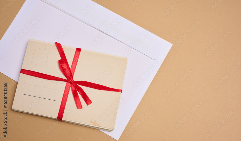 Poster a stack of blank postcards tied with a red ribbon with a bow and an envelope lie on a beige backgrou