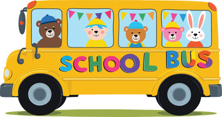 Back to school cartoon vector illustration of a yellow school bus filled with happy children