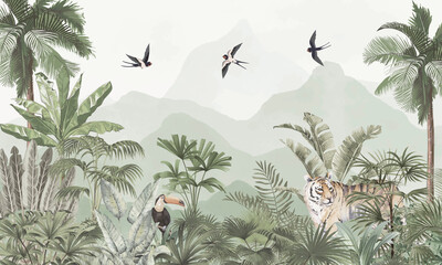 Fototapeta premium Subtle Safari Animals Wallpaper: Toucan, Tiger and Birds in Muted Green Jungle