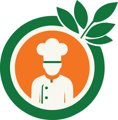 A stylish vector chef logo featuring a culinary professional with a chef hat, accented by green leaves and an orange circle, perfect for restaurant or organic food branding.