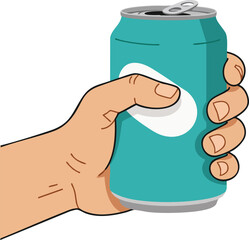 Hand holding turquoise drink can with pull tab vector illustration for beverage design and refreshment concept