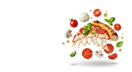 Deconstructed Pizza Ingredients Floating Mid-Air Food Photography isolated on white background  
