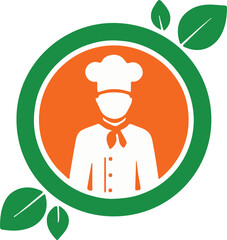 A stylish vector chef logo featuring a culinary professional with a chef hat, accented by green leaves and an orange circle, perfect for restaurant or organic food branding.