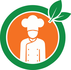 A stylish vector chef logo featuring a culinary professional with a chef hat, accented by green leaves and an orange circle, perfect for restaurant or organic food branding.