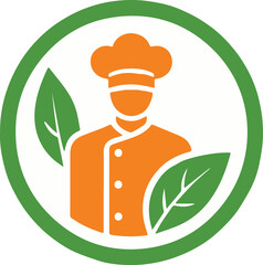 A stylish vector chef logo featuring a culinary professional with a chef hat, accented by green leaves and an orange circle, perfect for restaurant or organic food branding.