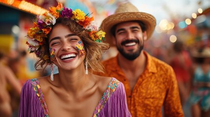A beautiful festival scene showcasing a happy couple adorned with floral decorations, embodying joy and celebration in a lively atmosphere filled with colors and smiles.