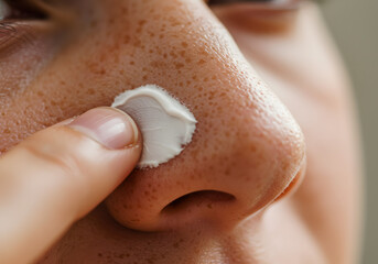 Naklejka premium Extreme close-up of sunscreen applied to a freckled nose