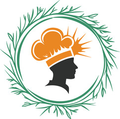 Flat design chef vector logo showing a uniformed chef in a circular green theme with leaves, representing healthy and organic culinary services.