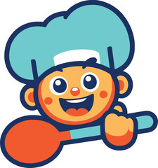Colorful vector of a smiling junior chef boy in uniform, holding a red spoon&mdash;perfect for cooking-themed kids projects, education materials, or restaurant branding.