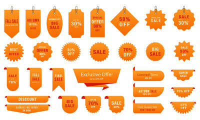 Big vector set of promotional autumn labels and badges. Includes sale, discount, and special offer elements. Perfect for seasonal marketing, banners, and packaging. Vector illustration.