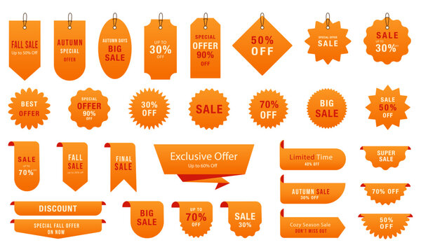 Big vector set of promotional autumn labels and badges. Includes sale, discount, and special offer elements. Perfect for seasonal marketing, banners, and packaging. Vector illustration.