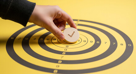 Hand placing wooden checkmark on yellow dartboard, symbolizing achievement, goal completion, or successful strategy implementation