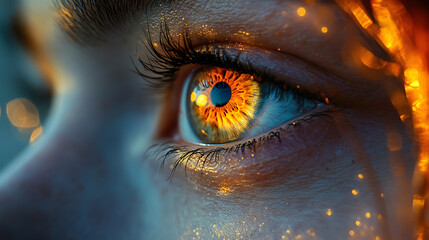Fiery Gaze Close-up of a Woman's Eye with Sparkling Texture