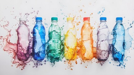 A row of colorful bottles with a splash of water in the background