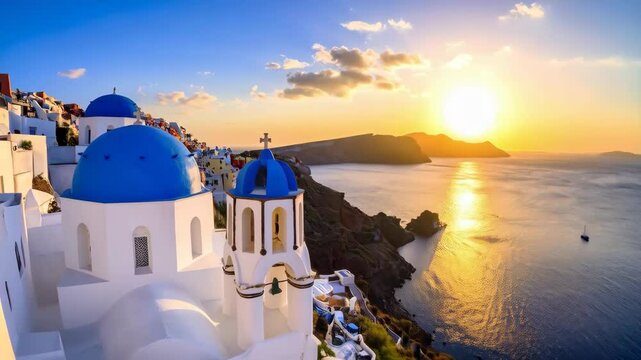 Picturesque European village with white architecture and blue domes overlooking the sea at sunset, capturing the essence of island life